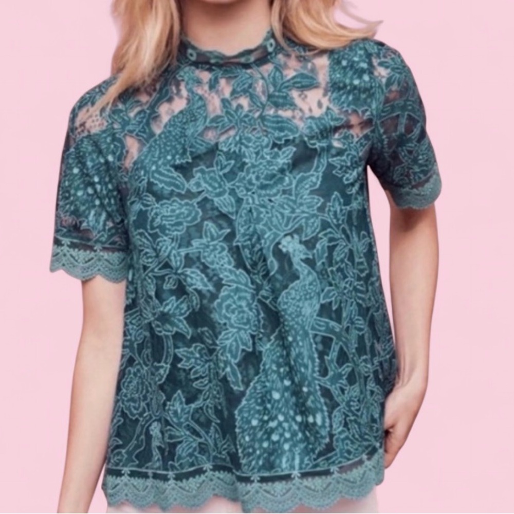 Anthropologie HD in Paris Teal Short Sleeve Lined Peacock Lace Top Women’s Sz 4